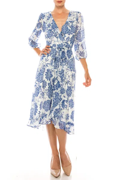 Maison Tara Floral Wrap Style Midi Dress In Ivory Slate In Multi