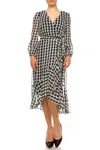 Maison Tara Houndstooth Long Sleeve Midi Dress In Navy Ivory In Blue