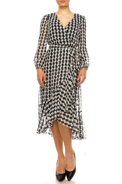 Maison Tara Houndstooth Long Sleeve Midi Dress In Navy Ivory In Blue