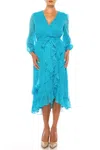 Maison Tara Long Sleeve Polka Dot Midi Dress In Turquoise Ivory In Multi