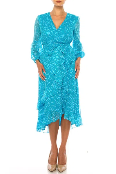 Maison Tara Long Sleeve Polka Dot Midi Dress In Turquoise Ivory In Multi