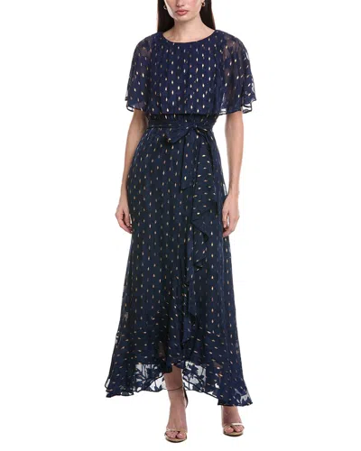 Maison Tara Lurex Clip Chiffon Midi Dress In Navy/gold