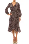 Maison Tara Multi Print Surplice Neck Faux Wrap Midi Dress In Black Blush In Multi