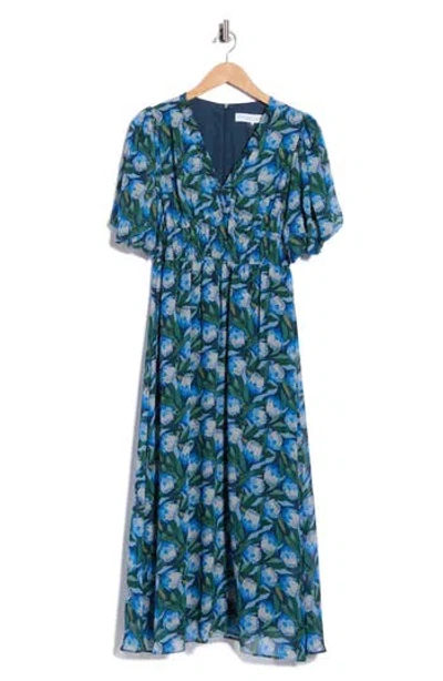 Maison Tara Print Chiffon Maxi Dress In Blue