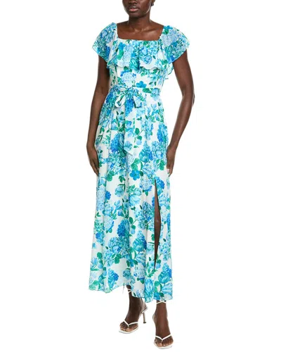 Maison Tara Printed Chiffon Crepe Short Sleeve Maxi Dress In White