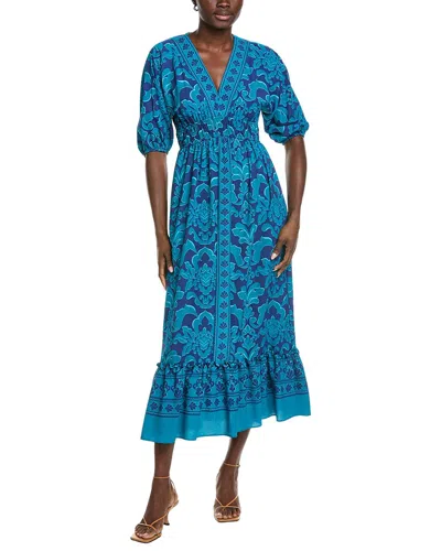 Maison Tara Printed Ghost Crepe Short Sleeve Midi Dress In Navy