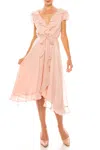 Maison Tara Ruffle Cap Sleeve Wrap Style Midi Dress In Tea Rose In Multi