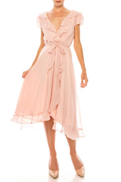 Maison Tara Ruffle Cap Sleeve Wrap Style Midi Dress In Tea Rose In Multi
