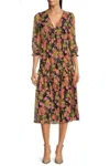 Maison Tara Ruffle Sleeve A-line Midi Dress In Black Multi In Multi