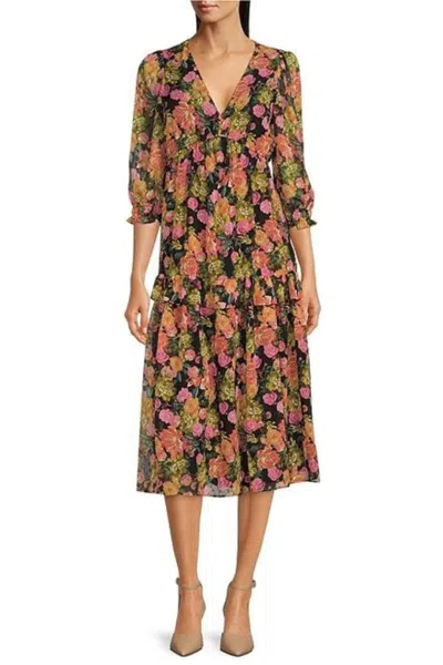 Maison Tara Ruffle Sleeve A-line Midi Dress In Black Multi