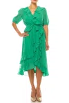 Maison Tara Ruffle Sleeve Hi-lo Faux Wrap Midi Dress In Fern In Grey