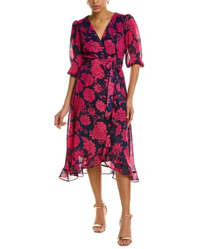 Maison Tara Ruffle Sleeve Hi-lo Faux Wrap Midi Dress In Navy Cerise In Multi