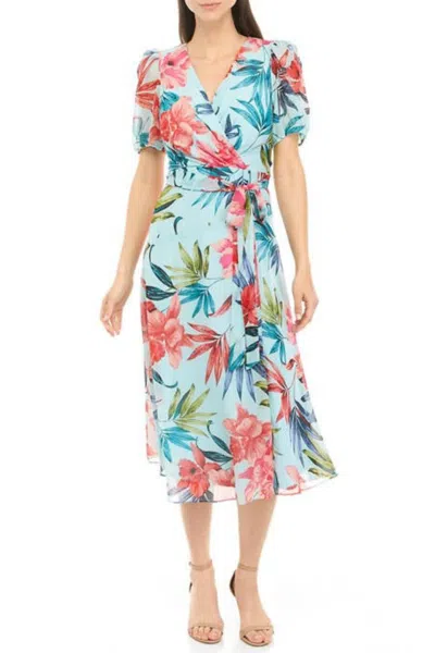 Maison Tara Short Puff Sleeve A-line Midi Dress In Aqua Hibiscus In Multi