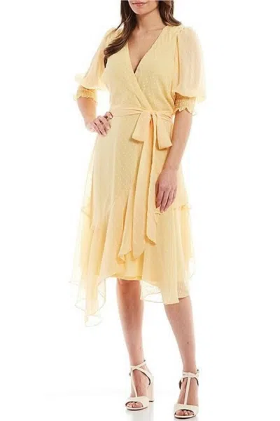 Maison Tara Short Puff Sleeve Wrap Midi Dress In Sunflower In Yellow