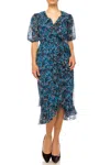 Maison Tara Short Sleeve Multilayered Ruffle Dress In Cobalt Multi In Multi