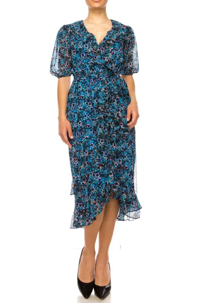 Maison Tara Short Sleeve Multilayered Ruffle Dress In Cobalt Multi
