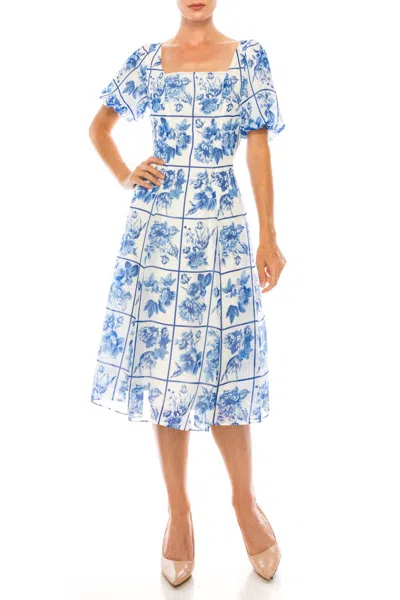 Maison Tara Square Floral Short Puff Sleeve A-line Midi Dress In Ivory Royal Blue In Multi