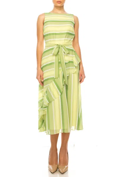 Maison Tara Striped Belted Sleeveless Midi Dress In Apple Multi