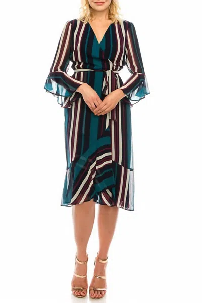 Maison Tara Striped Faux Wrap Dress In Navy Teal In Multi