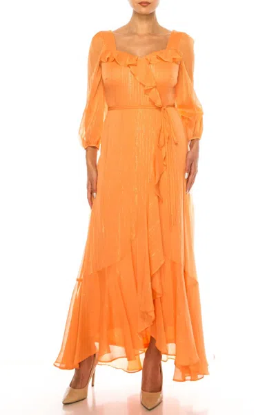 Maison Tara Three Fourth Sleeve Frilly Detail Maxi Dres In Papaya In Orange