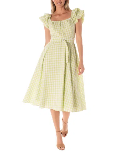 Maison Tara Women's Gingham Belted Fit & Flare Dress In Lime,ivory