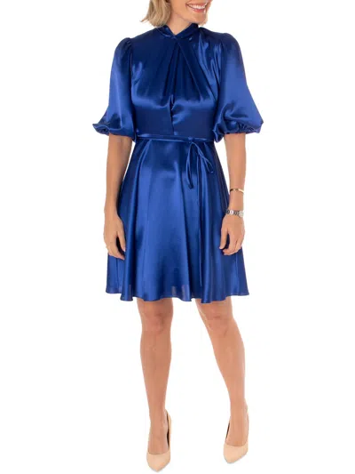 Maison Tara Womens Satin Fit & Flare Dress In Blue