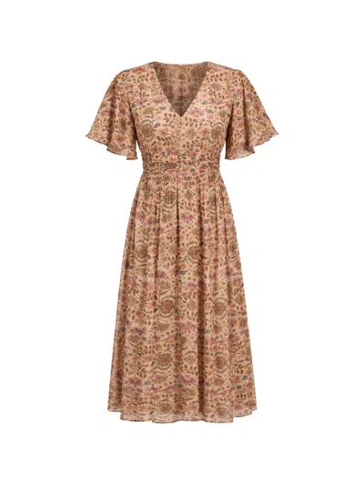 Maison123 Floral-print Flutter-sleeve Midi Dress In Neutrals