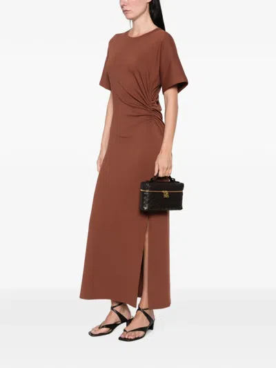Maison123 Gathered-side Slit-hem Maxi Dress In Brown