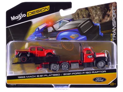 Maisto 1953 Mack B-61 Flatbed Truck Red With Black And 2021 Ford F-150 Raptor Pickup Truck Red And Black "e