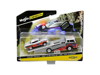 Maisto 1957 Chevrolet Bel Air Gasser #786 Silver And Red With Ramp Tow Truck "elite Transport" 1/64 Diecast