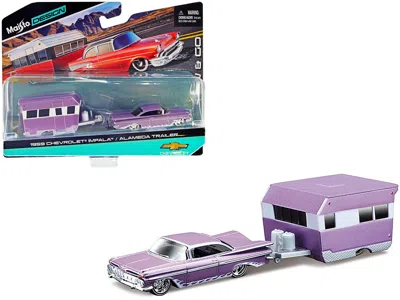 Maisto 1959 Chevrolet Impala Purple Metallic With White Graphics And Alameda Trailer Purple Metallic And Wh