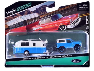 Maisto 1966 Ford Bronco Blue With White Top And Camper Trailer Blue And White "tow & Go" Series 1/64 Diecas