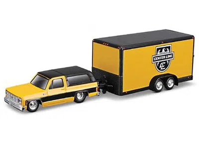Maisto 1979 Chevrolet K5 Blazer Yellow With Black Top And Stripes With Enclosed Car Trailer Yellow And Blac
