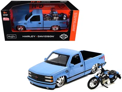 Maisto 1993 Chevrolet 454 Ss Pickup Truck "harley Davidson" Light Blue And 2007 Harley-davidson Xl 1200n Ni