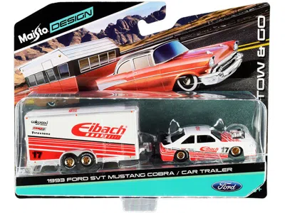 Maisto 1993 Ford Svt Mustang Cobra #17 With Enclosed Car Trailer "eibach" White With Red Stripes "tow & Go"