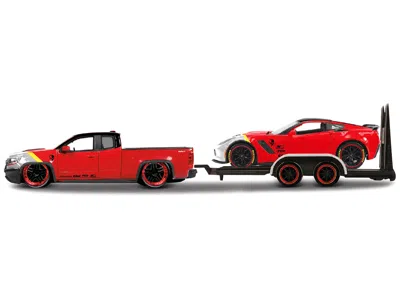 Maisto 2017 Chevrolet Colorado Zr2 Pickup Truck Red And 2015 Chevrolet Corvette Z06 Red With Flatbed Traile