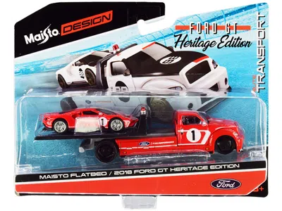 Maisto 2018 Ford Gt #1 Heritage Edition With Flatbed Truck Red With White Stripes "elite Transport" Series