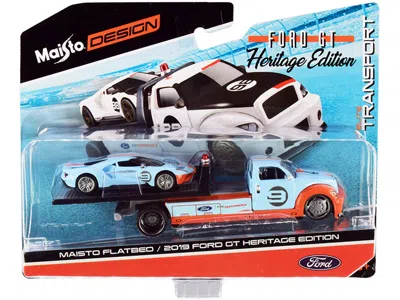 Maisto 2019 Ford Gt #9 Heritage Edition With Flatbed Truck Light Blue And Orange "elite Transport" Series 1