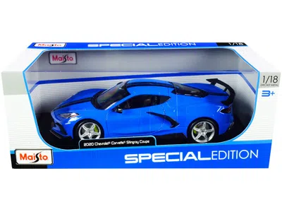 Maisto 2020 Chevrolet Corvette Stingray C8 Coupe With High Wing Blue With Black Stripes 1/18 Diecast Model