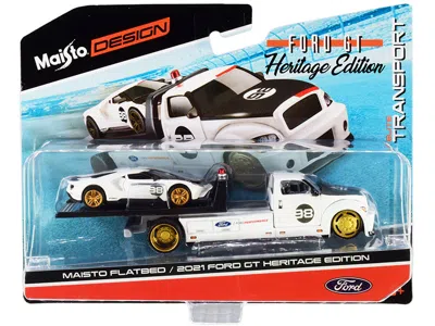 Maisto 2021 Ford Gt #98 Heritage Edition With Flatbed Truck White And Black "elite Transport" Series 1/64 D