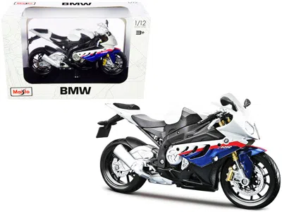 Maisto Bmw S 1000 Rr White With Blue And Red Stripes With Plastic Display Stand 1/12 Diecast Motorcycle Mod In Multi