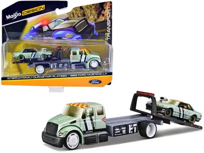 Maisto International Durastar Flatbed Truck #17 And 1988 Ford Mustang Lx #17 Light Green Metallic With Stri