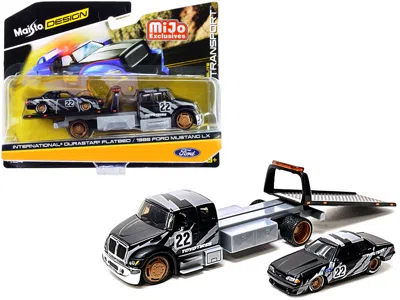 Maisto International Durastar Flatbed Truck #22 And 1988 Ford Mustang Lx #22 Matt Black With Gray Graphics