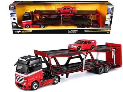 Maisto Mercedes-benz Actros Open Car Hauler Red And Black With White Stripes And 1990 Mercedes-benz 190e In Multi