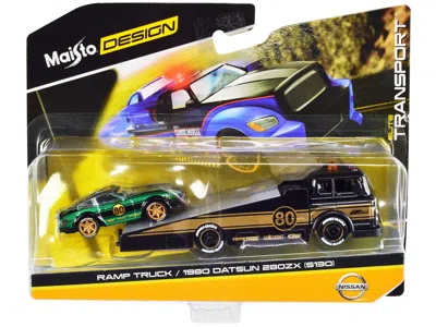 Maisto Ramp Truck #80 Dark Gray Metallic With Gold Metallic Stripes "jdm Garage" And 1980 Datsun 280zx (s13