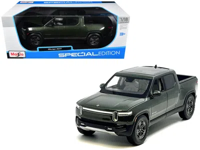 Maisto Rivian R1t Pickup Truck Dark Green Metallic With Sunroof "special Edition" Series 1/18 Diecast Model In Black