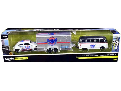 Maisto Volkswagen Samba Bus Dark Gray Metallic And White With Volkswagen Beetle White Metallic And Enclosed