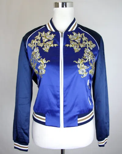 Pre-owned Maje $395  Blue Floral Embroidered Bomber Jacket W/bwb It 38 H17bichon