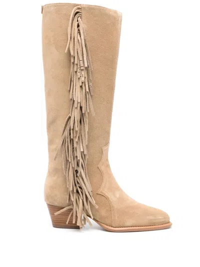 Maje 45mm Fringed Suede Boots In Bruns
