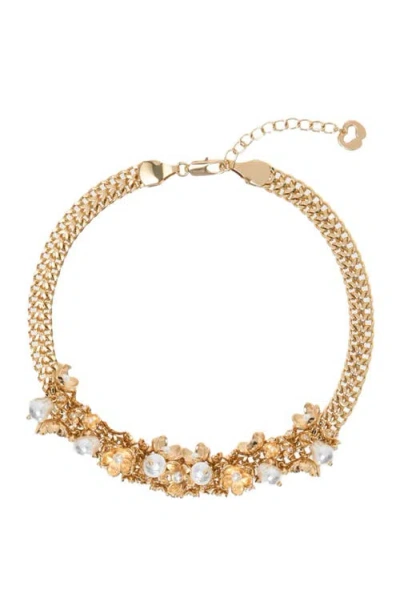 Maje Imitation Pearl Flower Statement Bracelet In Gold